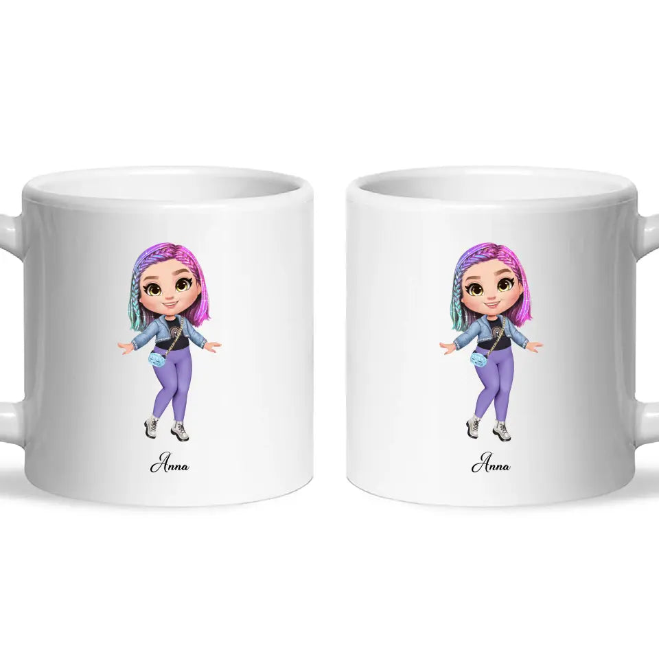 Personalised Girl Character Mug – Customisable Hair, Eyes, Outfit & Name