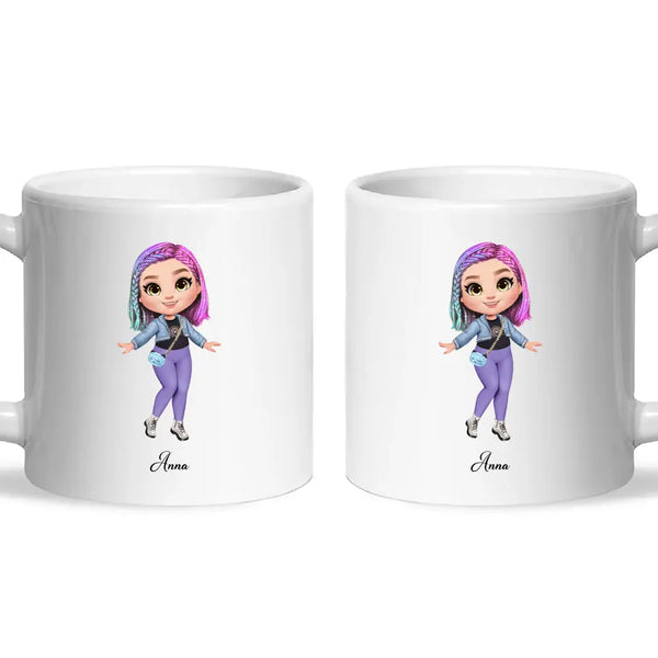Personalised Girl Character Mug – Customisable Hair, Eyes, Outfit & Name