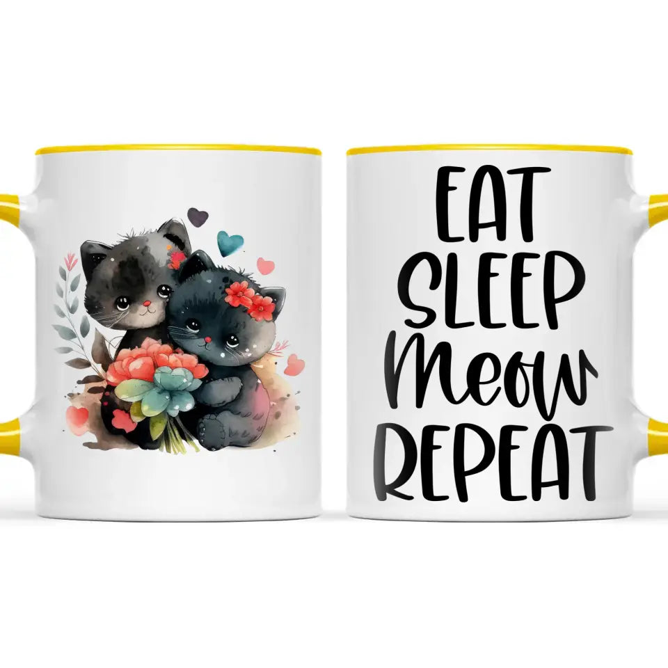 Cute Cat Mug with Funny Quote - Eat Sleep Meow Repeat - Adorable Kitten Illustration Coffee Cup for Cat Lovers, Gifts, and Daily Use