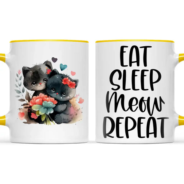 Cute Cat Mug with Funny Quote - Eat Sleep Meow Repeat - Adorable Kitten Illustration Coffee Cup for Cat Lovers, Gifts, and Daily Use