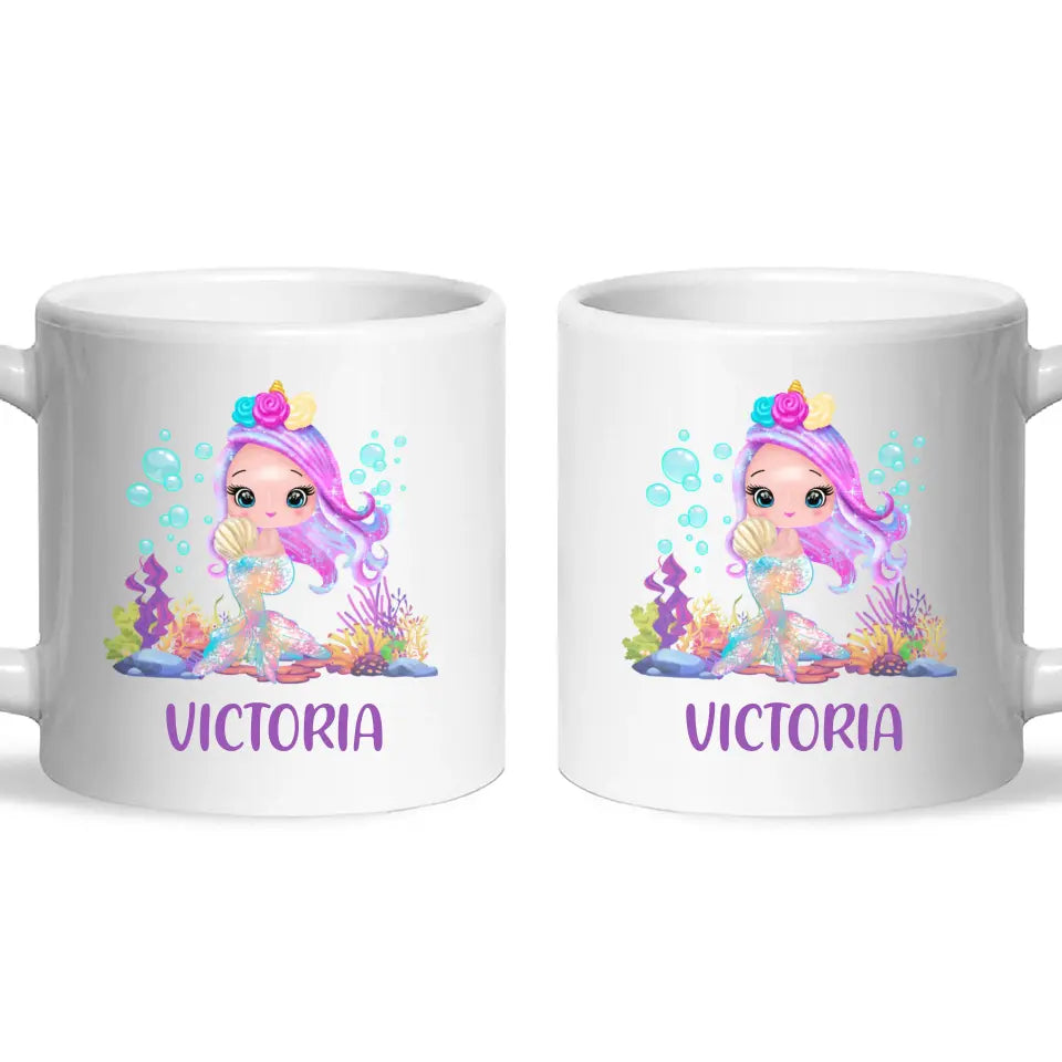 Personalised with Name, Mermaid Kids Mug – Customised Magical Under the Sea Cup for Children – Available in 11oz, 6oz & Enamel Options