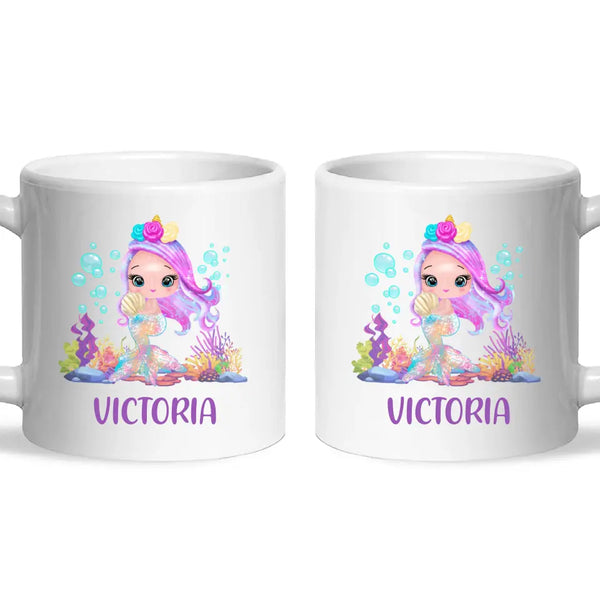 Personalised with Name, Mermaid Kids Mug – Customised Magical Under the Sea Cup for Children – Available in 11oz, 6oz & Enamel Options