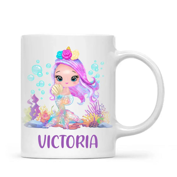 Personalised with Name, Mermaid Kids Mug – Customised Magical Under the Sea Cup for Children – Available in 11oz, 6oz & Enamel Options