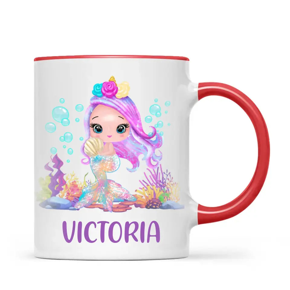Personalised with Name, Mermaid Kids Mug – Customised Magical Under the Sea Cup for Children – Available in 11oz, 6oz & Enamel Options
