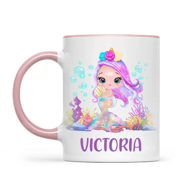 Personalised with Name, Mermaid Kids Mug – Customised Magical Under the Sea Cup for Children – Available in 11oz, 6oz & Enamel Options