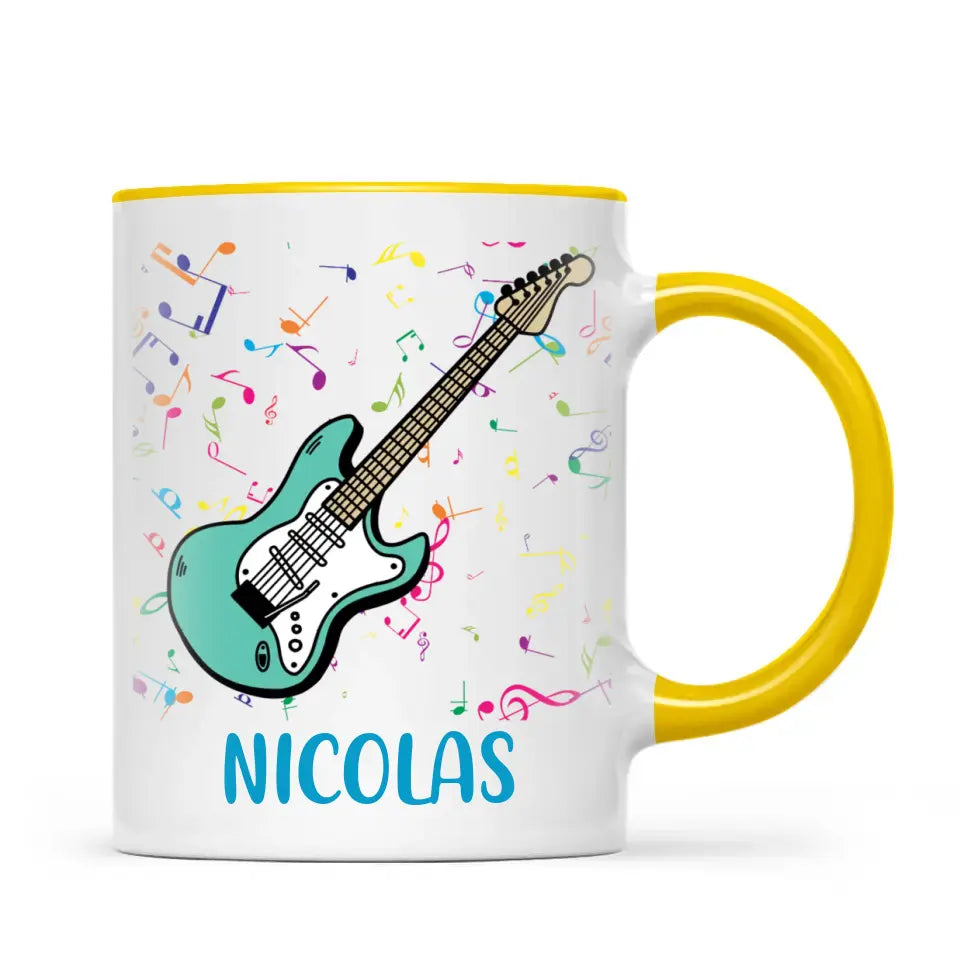 Personalised with Name, Electric Guitar Music Kids Mug – Customised Musical Theme Cup for Children – Available in 11oz, 6oz & Enamel Options