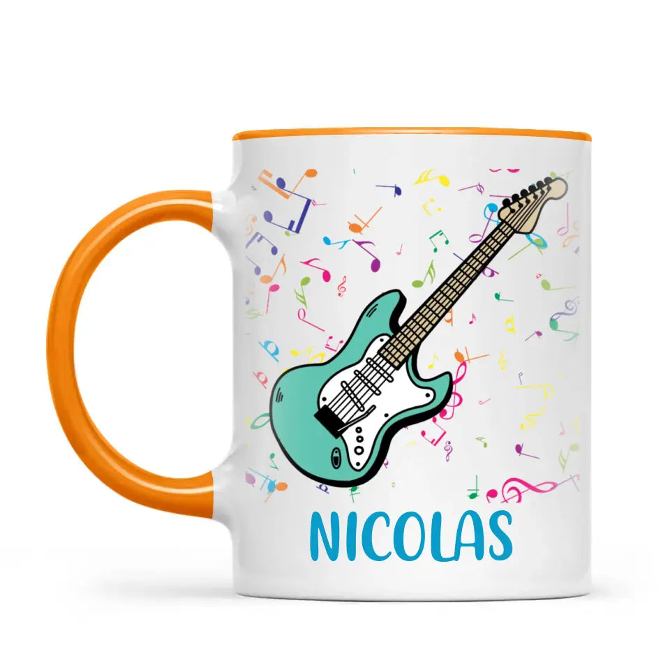 Personalised with Name, Electric Guitar Music Kids Mug – Customised Musical Theme Cup for Children – Available in 11oz, 6oz & Enamel Options