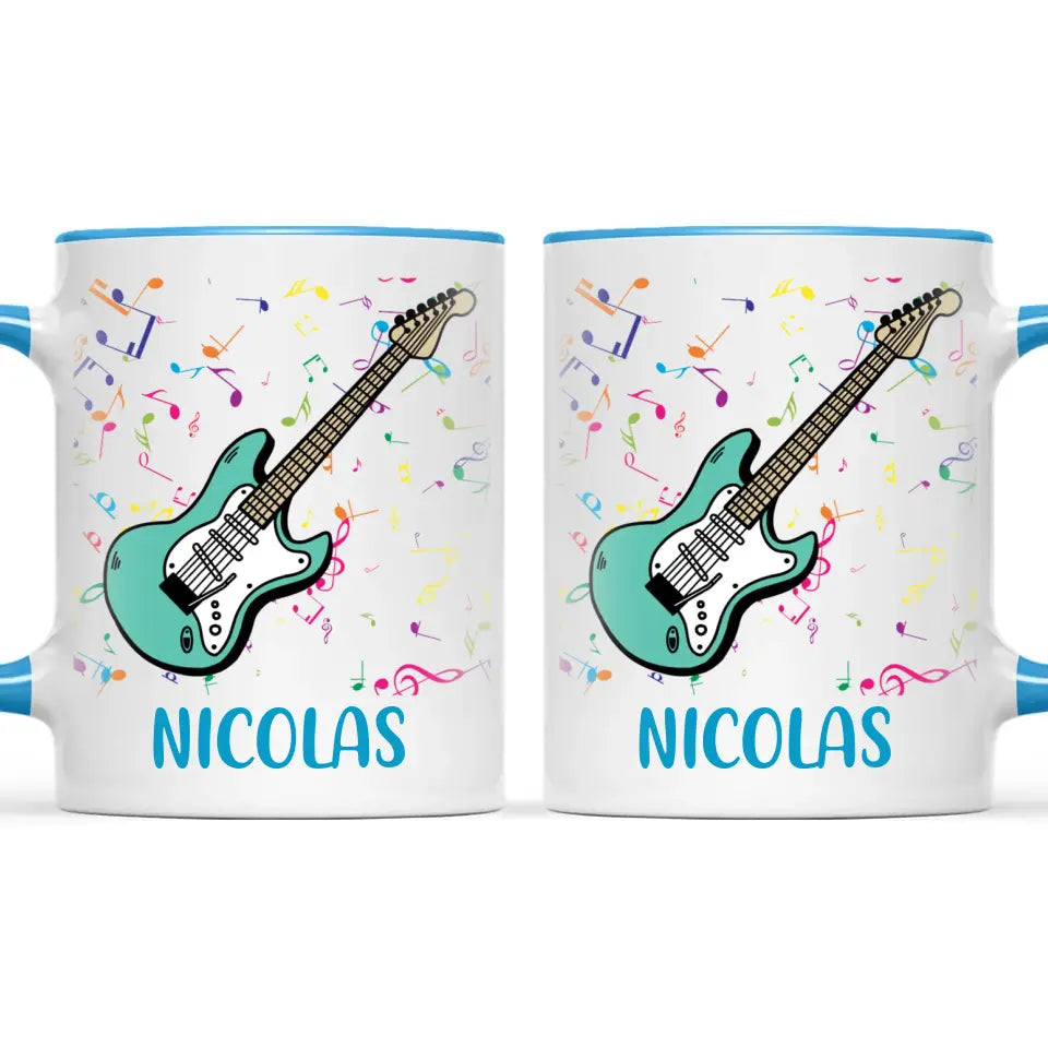 Personalised with Name, Electric Guitar Music Kids Mug – Customised Musical Theme Cup for Children – Available in 11oz, 6oz & Enamel Options