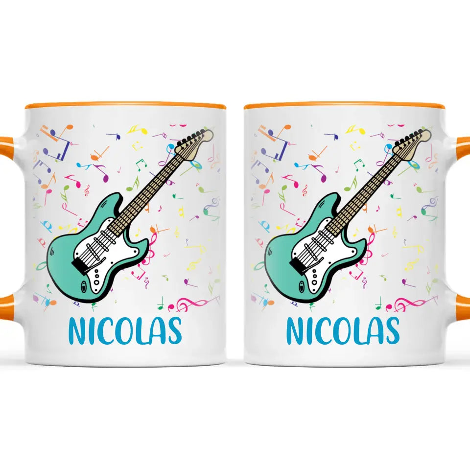 Personalised with Name, Electric Guitar Music Kids Mug – Customised Musical Theme Cup for Children – Available in 11oz, 6oz & Enamel Options