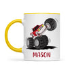 Personalised with Name, Red Monster Truck Kids Mug – Customised Off-Road Big Wheels Cup for Children – Available in 11oz, 6oz & Enamel Options