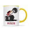 Personalised with Name, Red Monster Truck Kids Mug – Customised Off-Road Big Wheels Cup for Children – Available in 11oz, 6oz & Enamel Options
