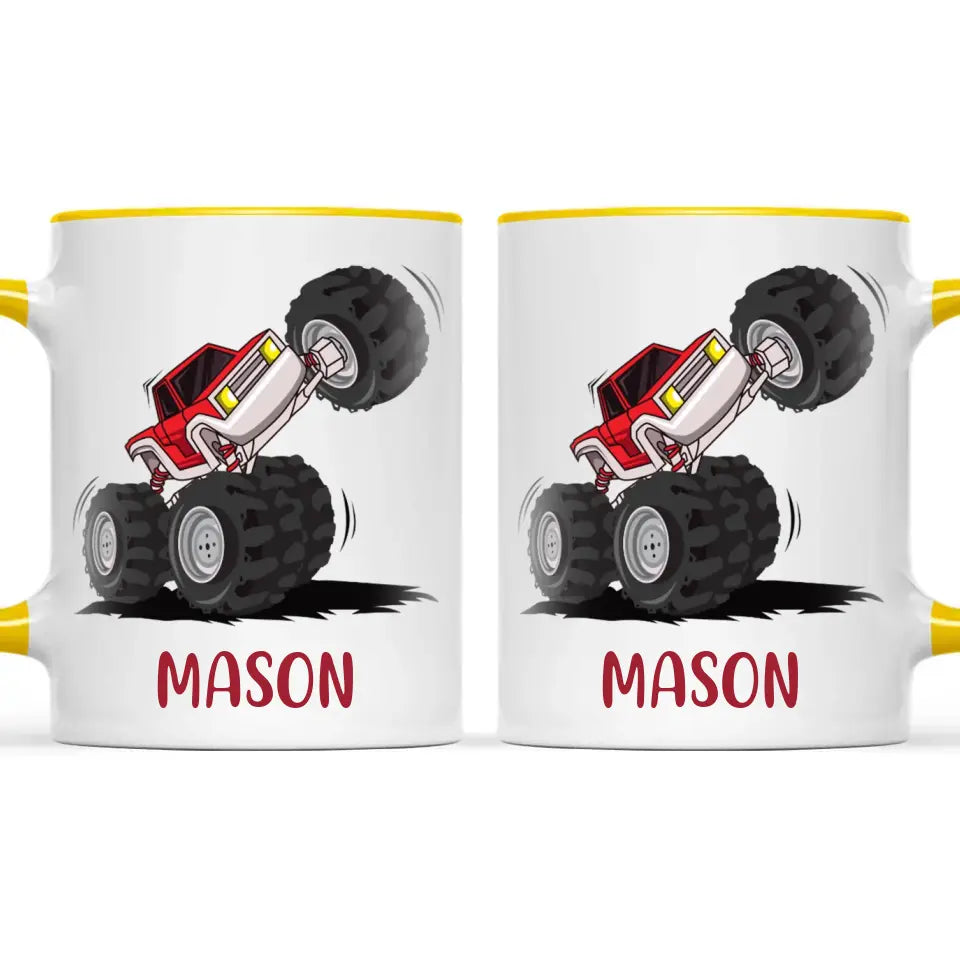 Personalised with Name, Red Monster Truck Kids Mug – Customised Off-Road Big Wheels Cup for Children – Available in 11oz, 6oz & Enamel Options