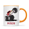 Personalised with Name, Red Monster Truck Kids Mug – Customised Off-Road Big Wheels Cup for Children – Available in 11oz, 6oz & Enamel Options