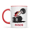Personalised with Name, Red Monster Truck Kids Mug – Customised Off-Road Big Wheels Cup for Children – Available in 11oz, 6oz & Enamel Options