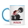 Personalised with Name, Red Monster Truck Kids Mug – Customised Off-Road Big Wheels Cup for Children – Available in 11oz, 6oz & Enamel Options