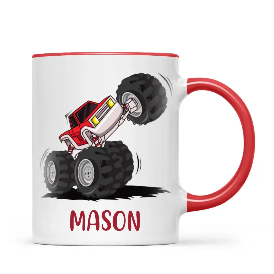 Personalised with Name, Red Monster Truck Kids Mug – Customised Off-Road Big Wheels Cup for Children – Available in 11oz, 6oz & Enamel Options