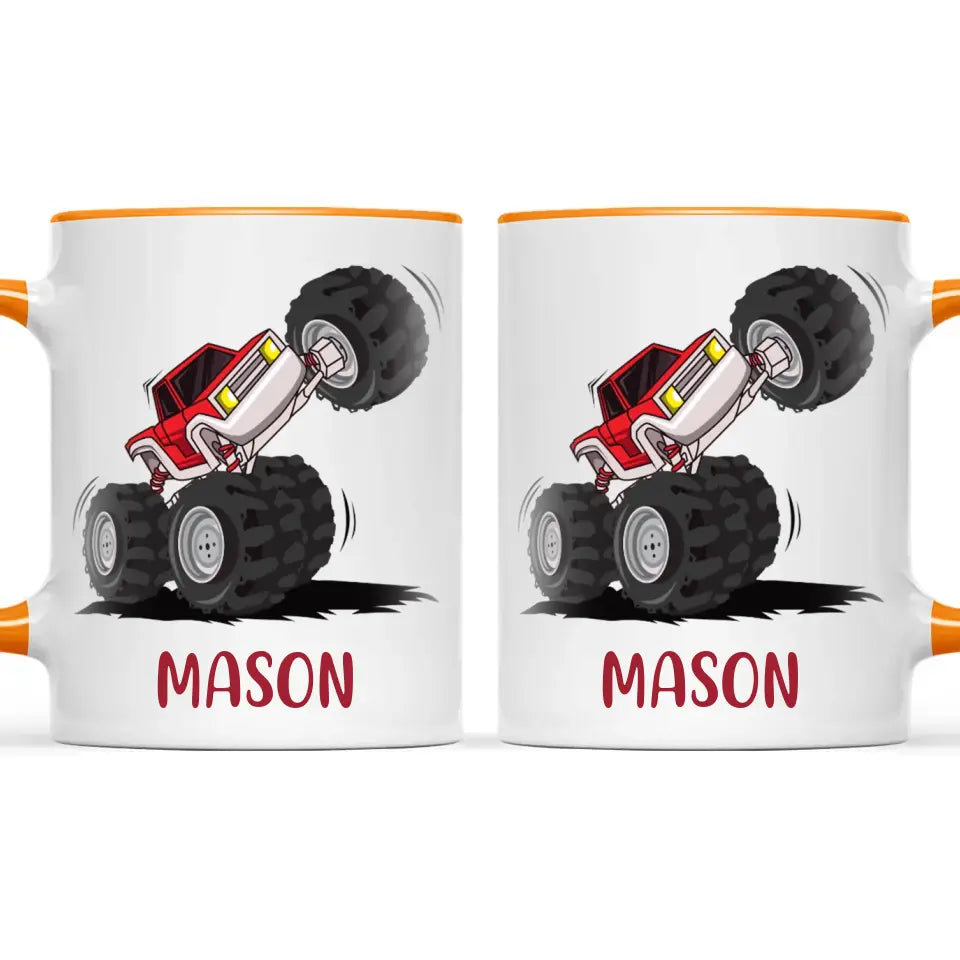 Personalised with Name, Red Monster Truck Kids Mug – Customised Off-Road Big Wheels Cup for Children – Available in 11oz, 6oz & Enamel Options
