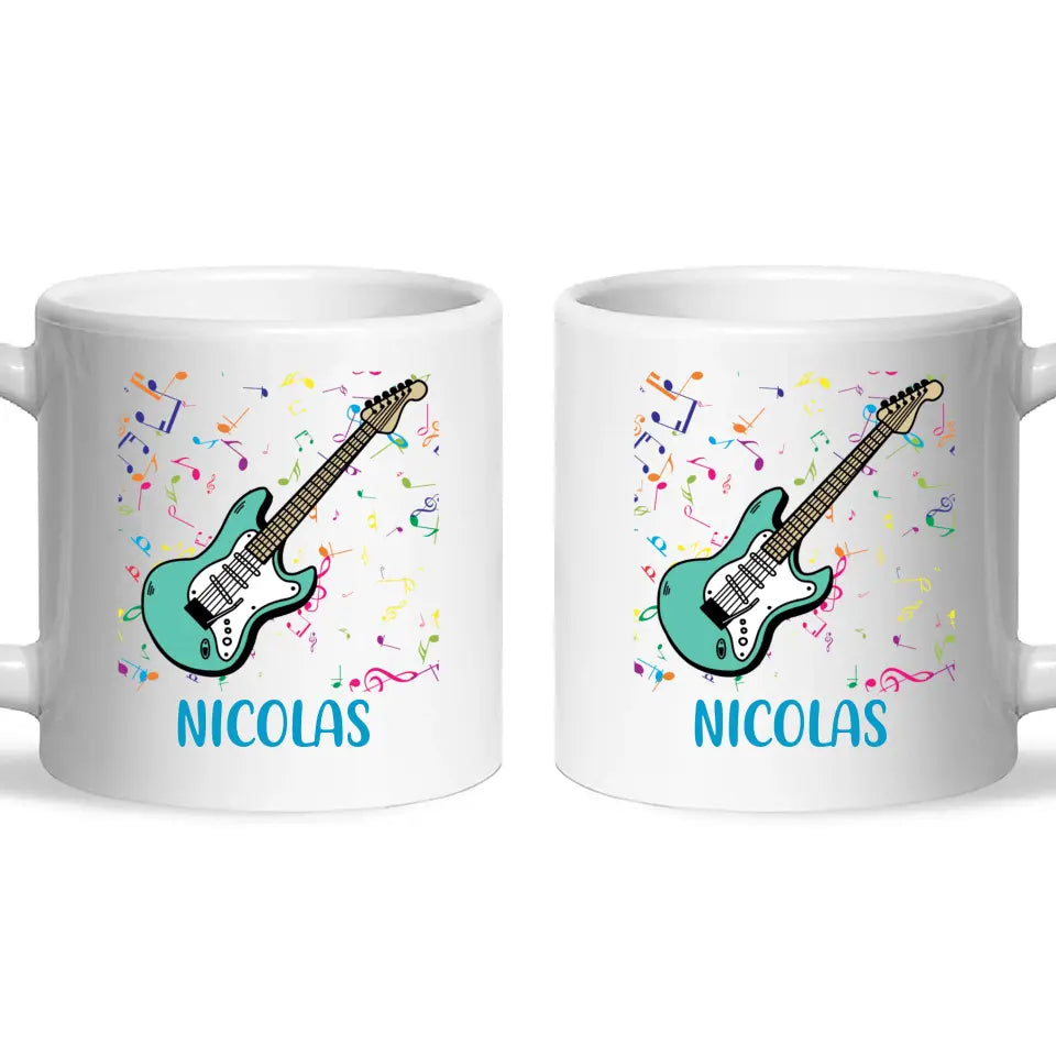 Personalised with Name, Electric Guitar Music Kids Mug – Customised Musical Theme Cup for Children – Available in 11oz, 6oz & Enamel Options