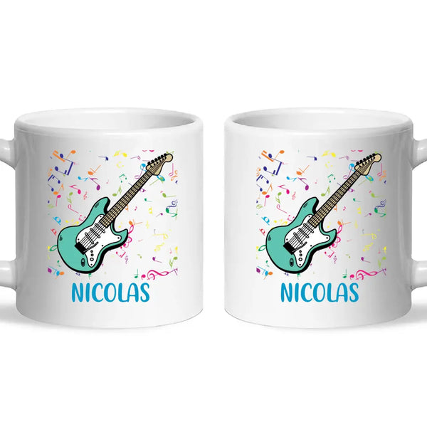 Personalised with Name, Electric Guitar Music Kids Mug – Customised Musical Theme Cup for Children – Available in 11oz, 6oz & Enamel Options