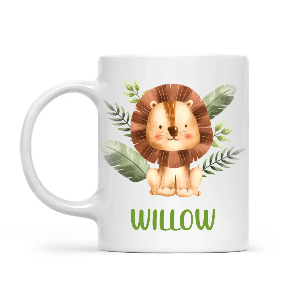 Personalised Lion Mug - Custom Name Kids Cup - Safari Animal Theme - Ceramic or Enamel - 11oz, 6oz, or Camping Mug - NZ Made