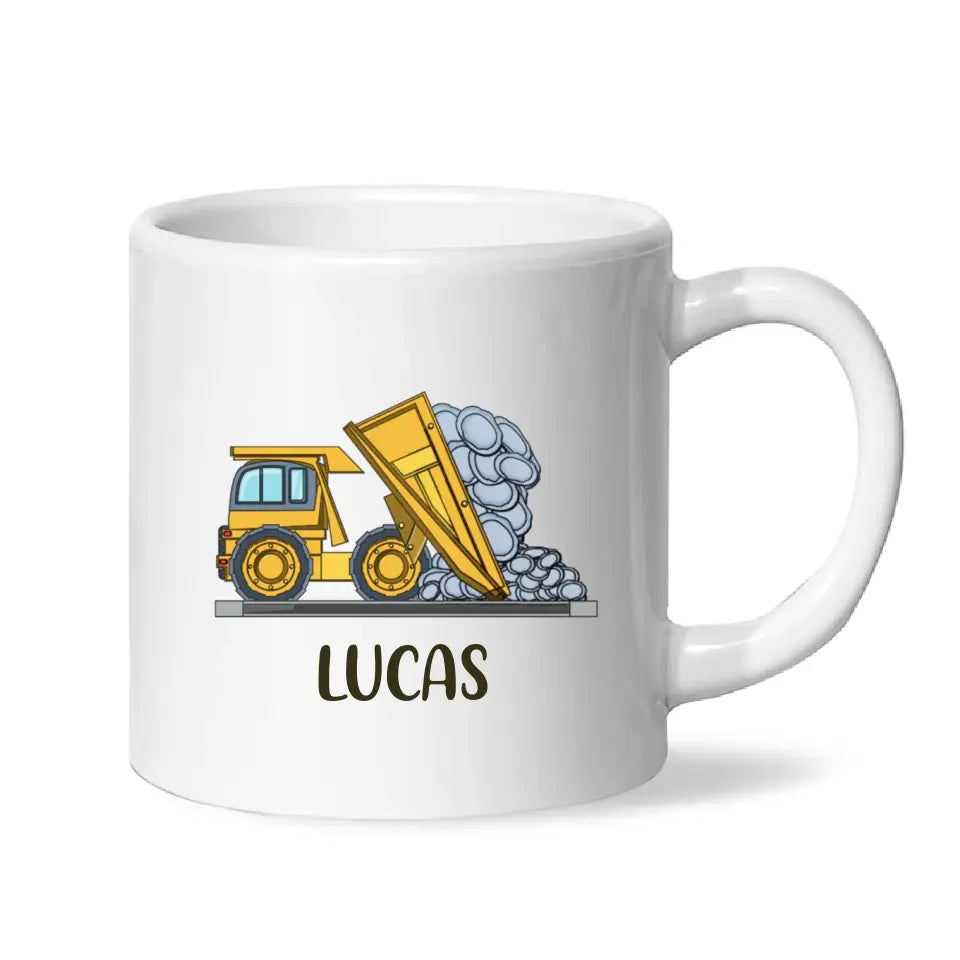Personalised Dump Truck Mug - Custom Name Kids Cup - Construction Vehicle Theme - Ceramic or Enamel - 11oz, 6oz, or Camping Mug - NZ Made