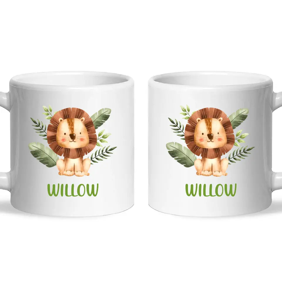 Personalised Lion Mug - Custom Name Kids Cup - Safari Animal Theme - Ceramic or Enamel - 11oz, 6oz, or Camping Mug - NZ Made