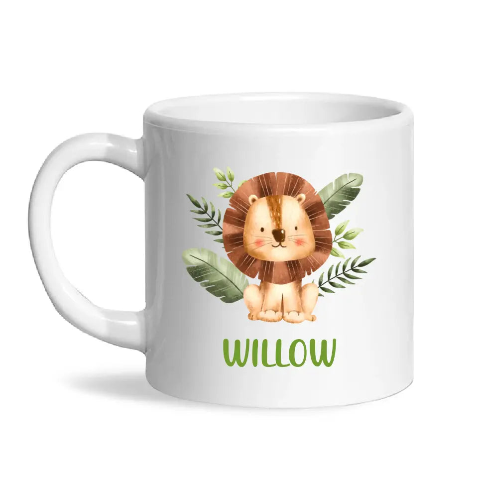 Personalised Lion Mug - Custom Name Kids Cup - Safari Animal Theme - Ceramic or Enamel - 11oz, 6oz, or Camping Mug - NZ Made