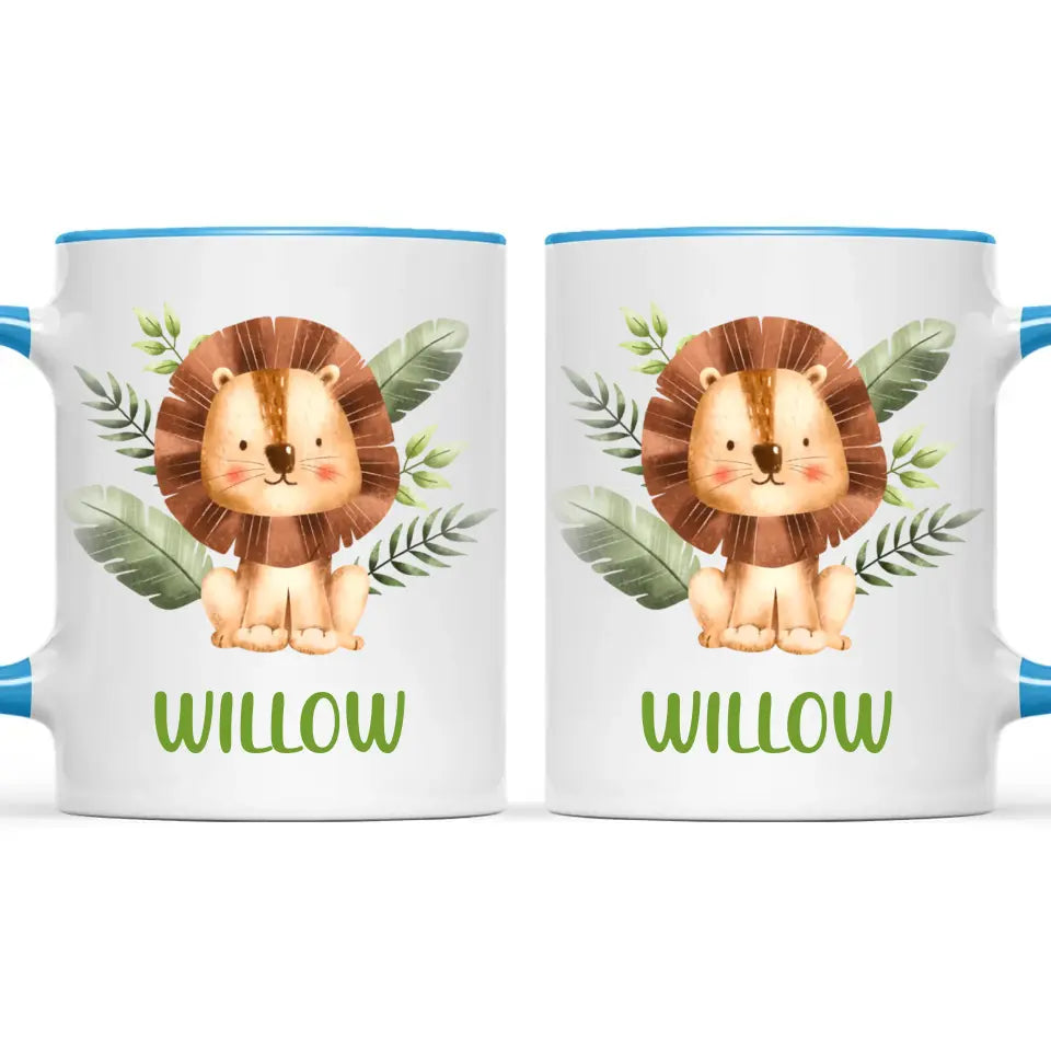 Personalised Lion Mug - Custom Name Kids Cup - Safari Animal Theme - Ceramic or Enamel - 11oz, 6oz, or Camping Mug - NZ Made