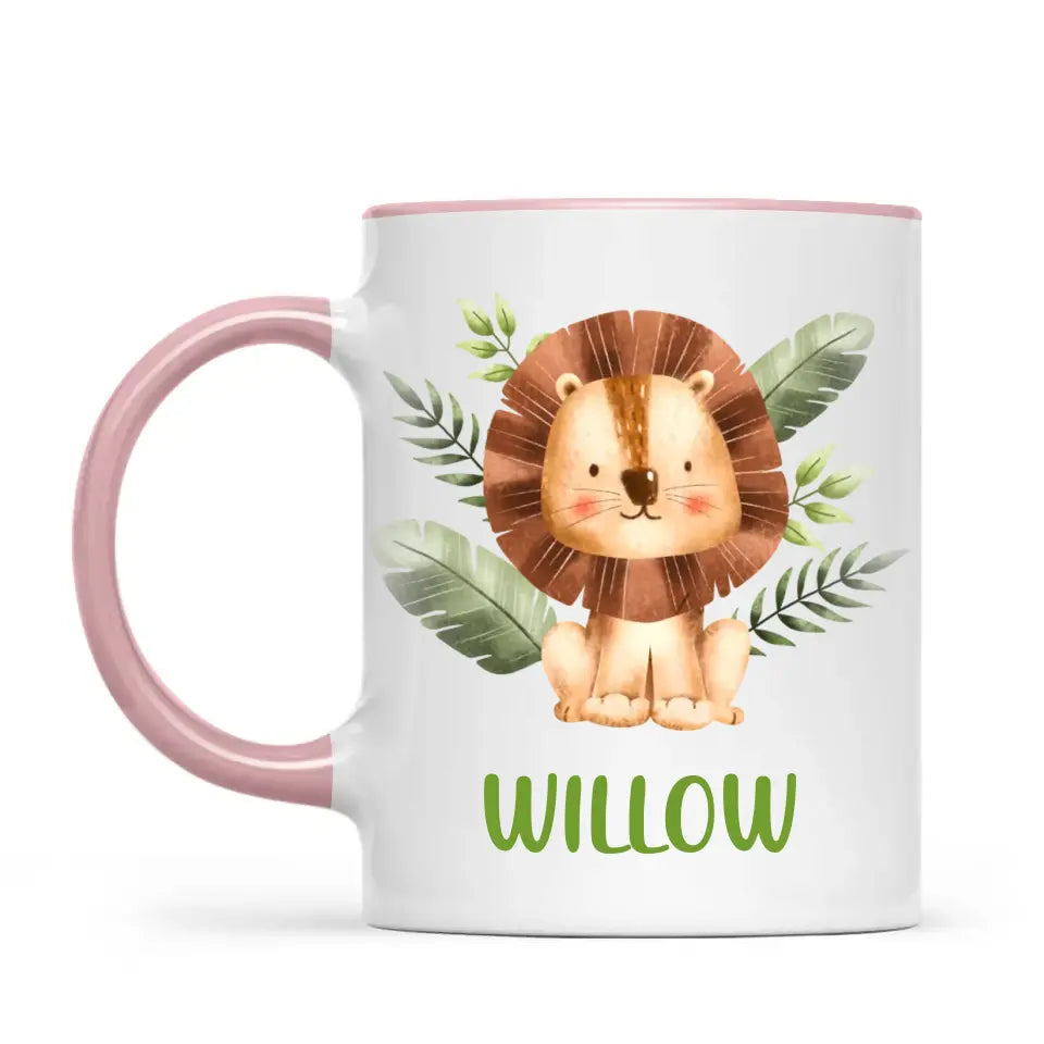 Personalised Lion Mug - Custom Name Kids Cup - Safari Animal Theme - Ceramic or Enamel - 11oz, 6oz, or Camping Mug - NZ Made