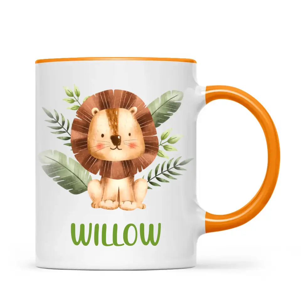 Personalised Lion Mug - Custom Name Kids Cup - Safari Animal Theme - Ceramic or Enamel - 11oz, 6oz, or Camping Mug - NZ Made