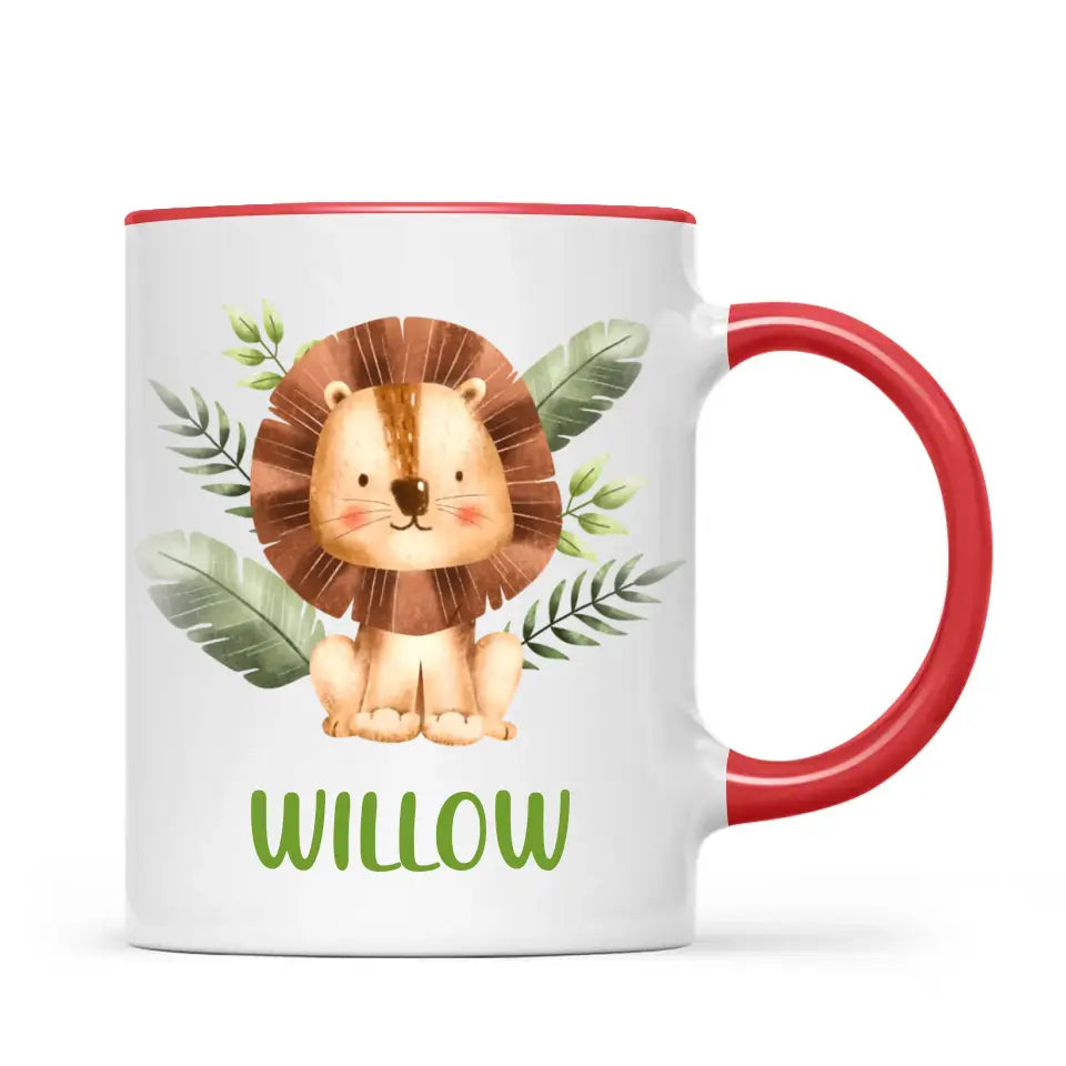 Personalised Lion Mug - Custom Name Kids Cup - Safari Animal Theme - Ceramic or Enamel - 11oz, 6oz, or Camping Mug - NZ Made