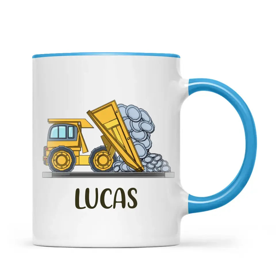 Personalised Dump Truck Mug - Custom Name Kids Cup - Construction Vehicle Theme - Ceramic or Enamel - 11oz, 6oz, or Camping Mug - NZ Made