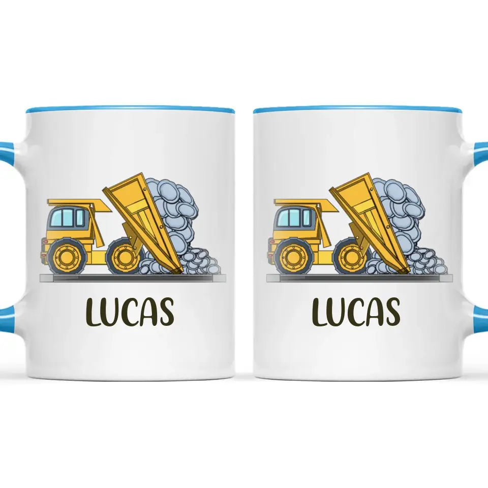 Personalised Dump Truck Mug - Custom Name Kids Cup - Construction Vehicle Theme - Ceramic or Enamel - 11oz, 6oz, or Camping Mug - NZ Made