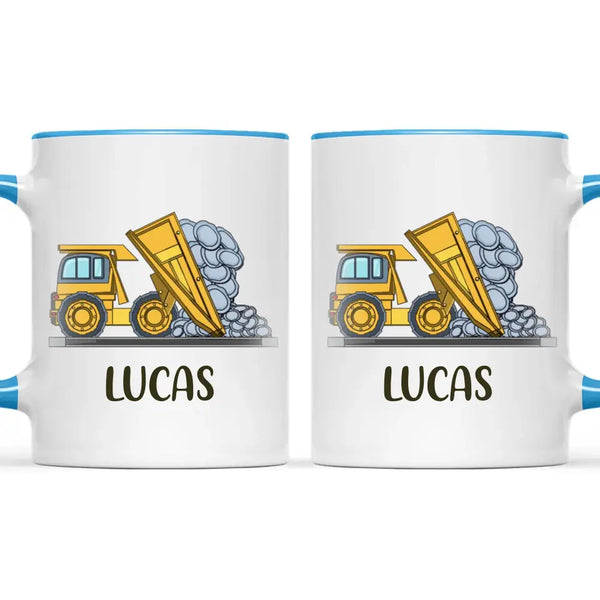 Personalised Dump Truck Mug - Custom Name Kids Cup - Construction Vehicle Theme - Ceramic or Enamel - 11oz, 6oz, or Camping Mug - NZ Made
