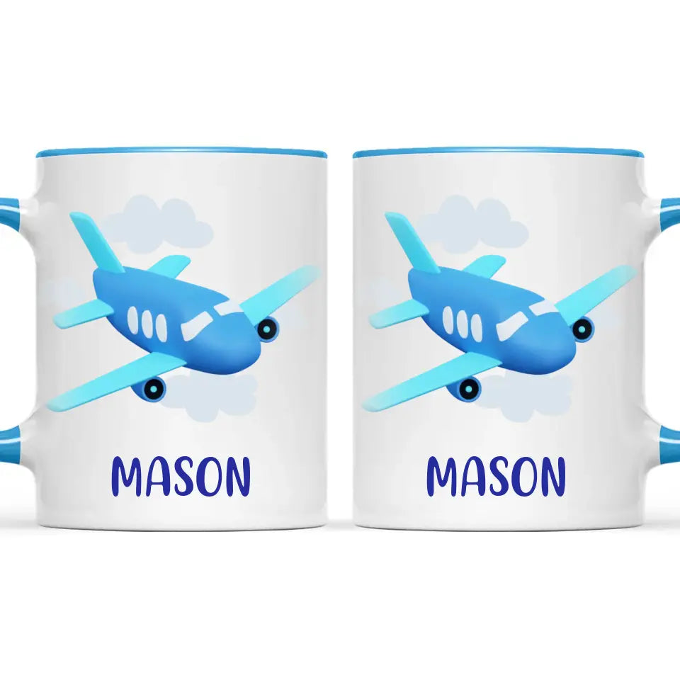 Personalised Aeroplane Mug - Custom Name Kids Cup - Blue Airplane Theme - Ceramic or Enamel - 11oz, 6oz, or Camping Mug - NZ Made