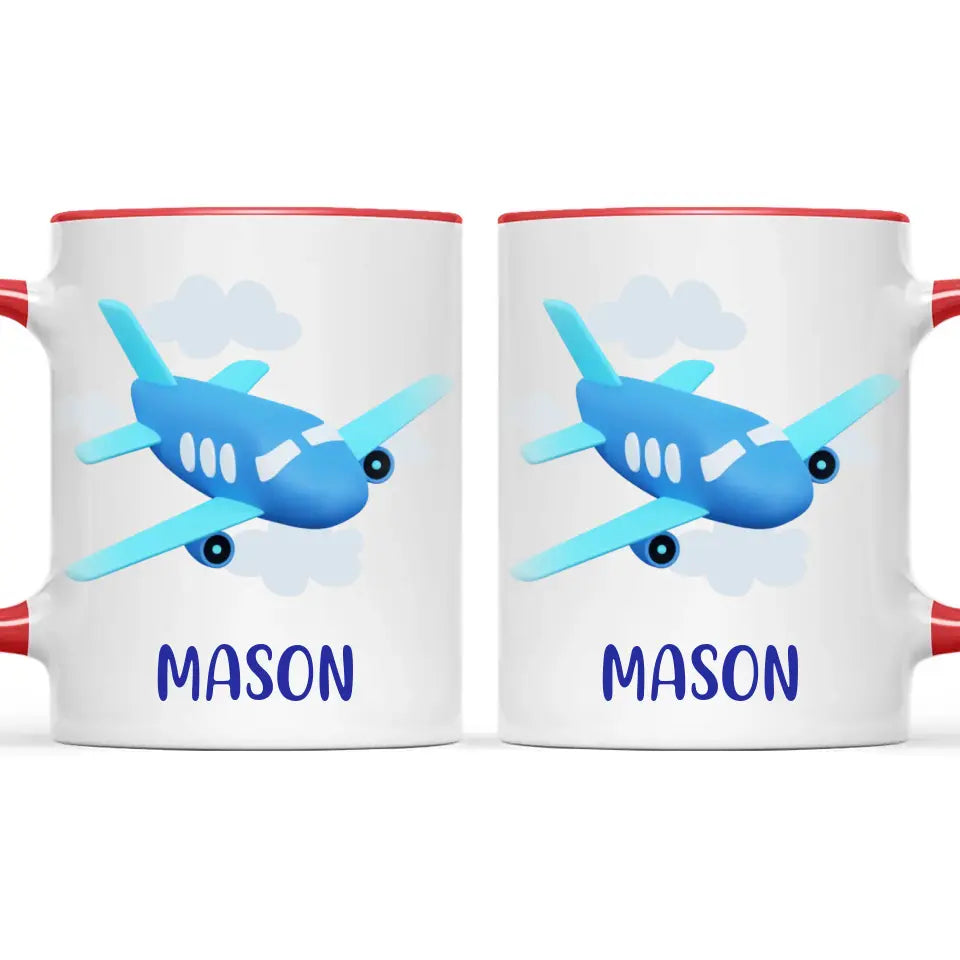 Personalised Aeroplane Mug - Custom Name Kids Cup - Blue Airplane Theme - Ceramic or Enamel - 11oz, 6oz, or Camping Mug - NZ Made