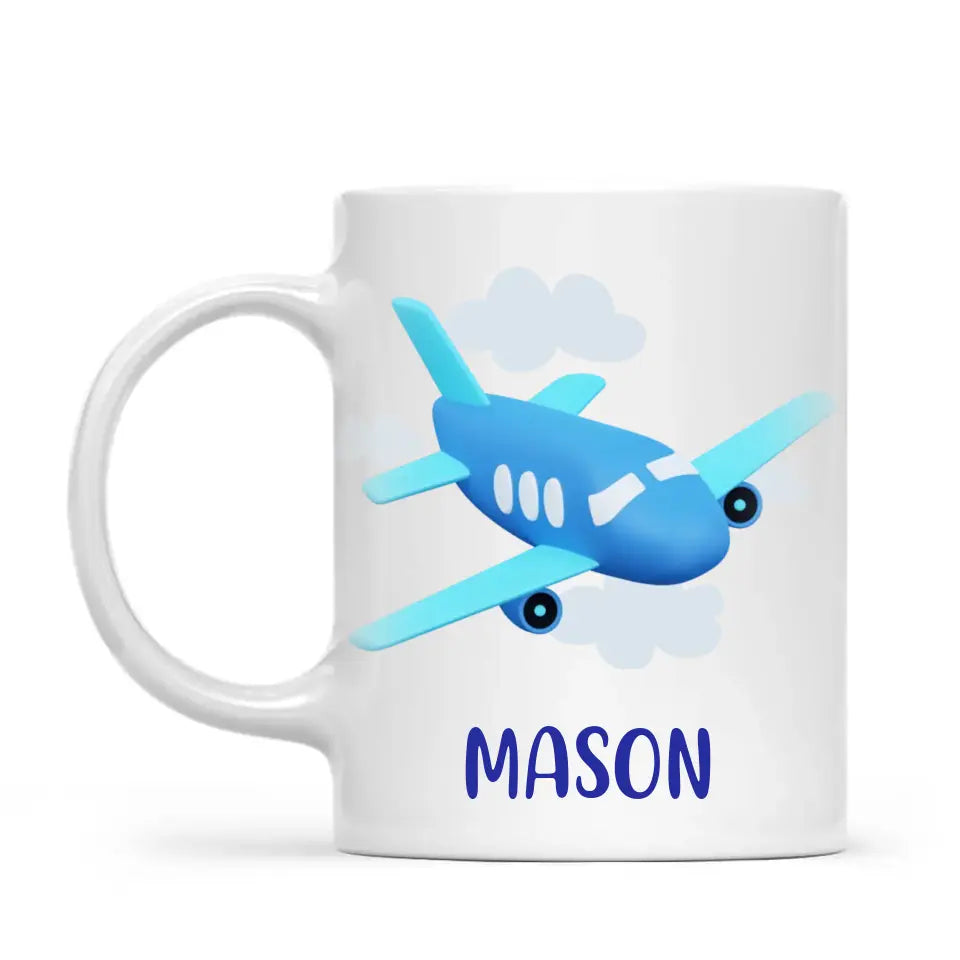 Personalised Aeroplane Mug - Custom Name Kids Cup - Blue Airplane Theme - Ceramic or Enamel - 11oz, 6oz, or Camping Mug - NZ Made
