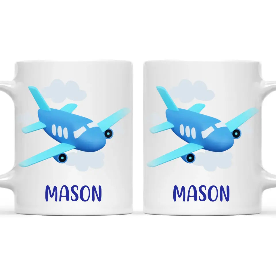 Personalised Aeroplane Mug - Custom Name Kids Cup - Blue Airplane Theme - Ceramic or Enamel - 11oz, 6oz, or Camping Mug - NZ Made