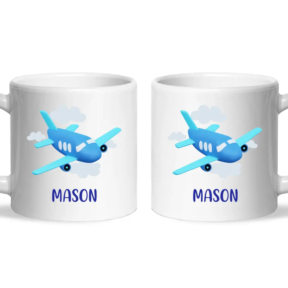 Personalised Aeroplane Mug - Custom Name Kids Cup - Blue Airplane Theme - Ceramic or Enamel - 11oz, 6oz, or Camping Mug - NZ Made