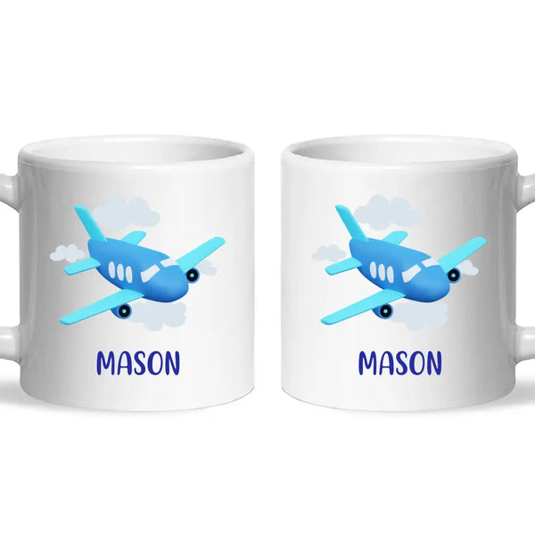 Personalised Aeroplane Mug - Custom Name Kids Cup - Blue Airplane Theme - Ceramic or Enamel - 11oz, 6oz, or Camping Mug - NZ Made