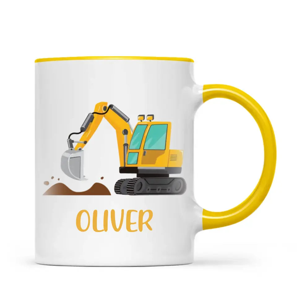 Personalised Digger Mug - Custom Name Kids Cup - Excavator Construction Theme - Ceramic or Enamel - 11oz, 6oz, or Camping Mug - NZ Made