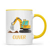 Personalised Digger Mug - Custom Name Kids Cup - Excavator Construction Theme - Ceramic or Enamel - 11oz, 6oz, or Camping Mug - NZ Made