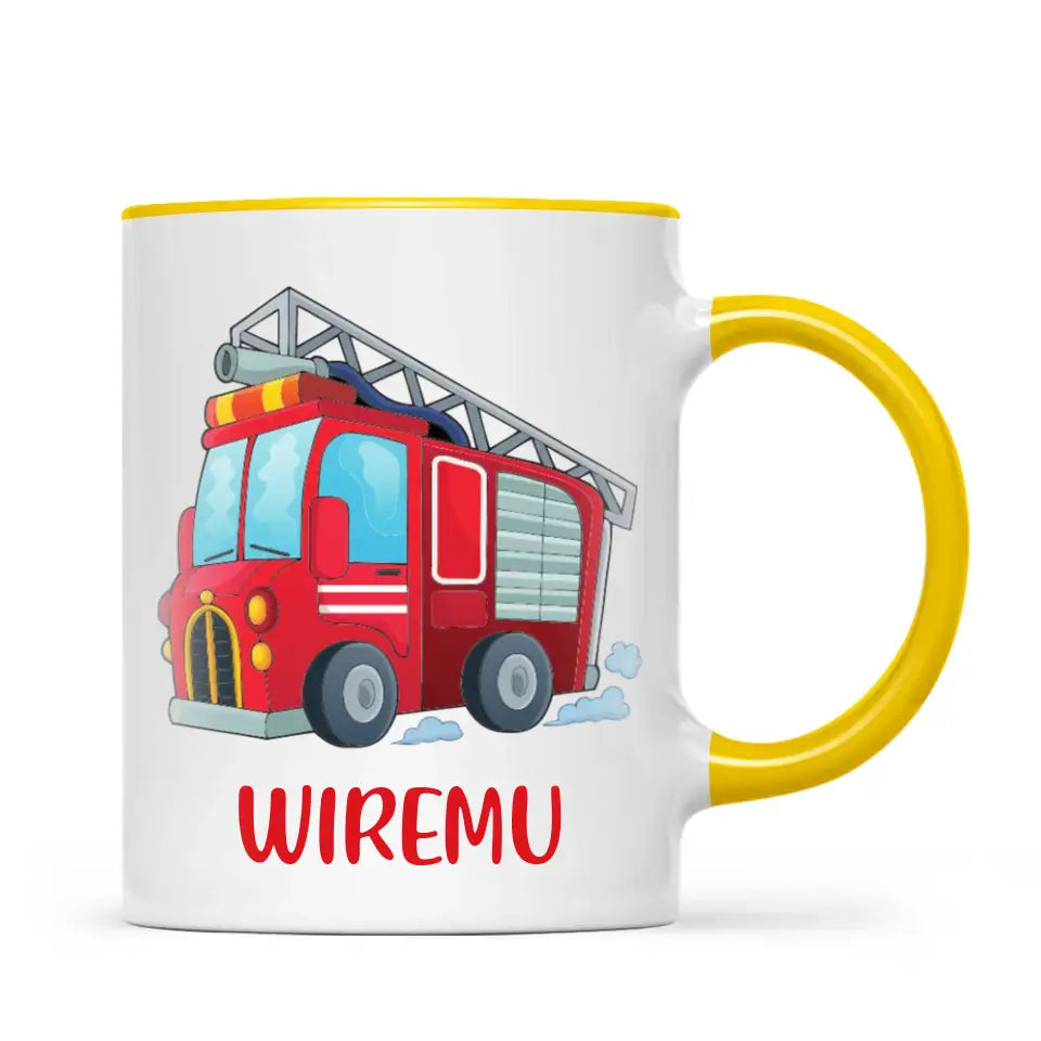 Personalised Fire Truck Mug - Custom Name Kids Cup - Fire Engine Theme - Ceramic or Enamel - 11oz, 6oz, or Camping Mug - NZ Made