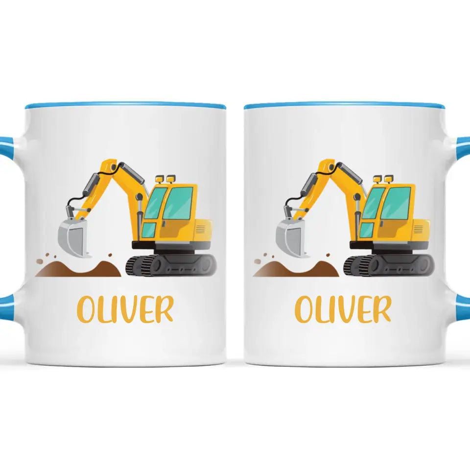 Personalised Digger Mug - Custom Name Kids Cup - Excavator Construction Theme - Ceramic or Enamel - 11oz, 6oz, or Camping Mug - NZ Made
