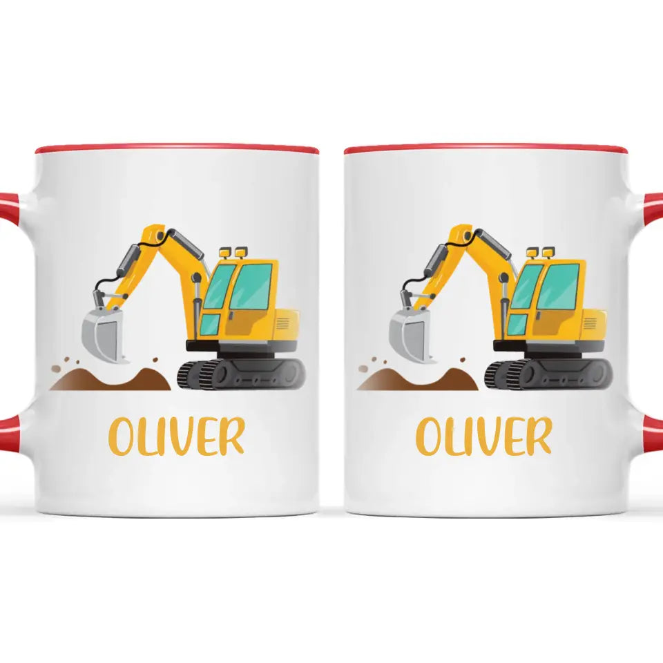Personalised Digger Mug - Custom Name Kids Cup - Excavator Construction Theme - Ceramic or Enamel - 11oz, 6oz, or Camping Mug - NZ Made