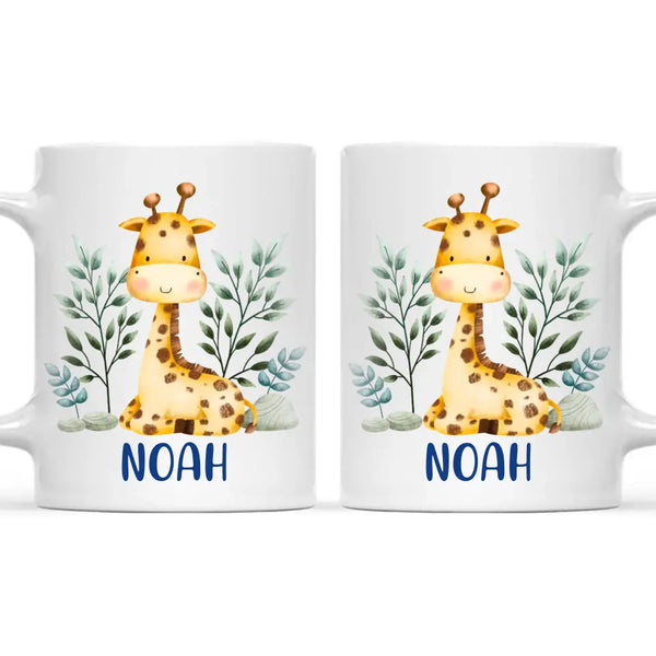 Personalised Giraffe Mug - Custom Name Kids Cup - Safari Animal Theme - Ceramic or Enamel - 11oz, 6oz, or Camping Mug - NZ Made