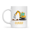Personalised Digger Mug - Custom Name Kids Cup - Excavator Construction Theme - Ceramic or Enamel - 11oz, 6oz, or Camping Mug - NZ Made