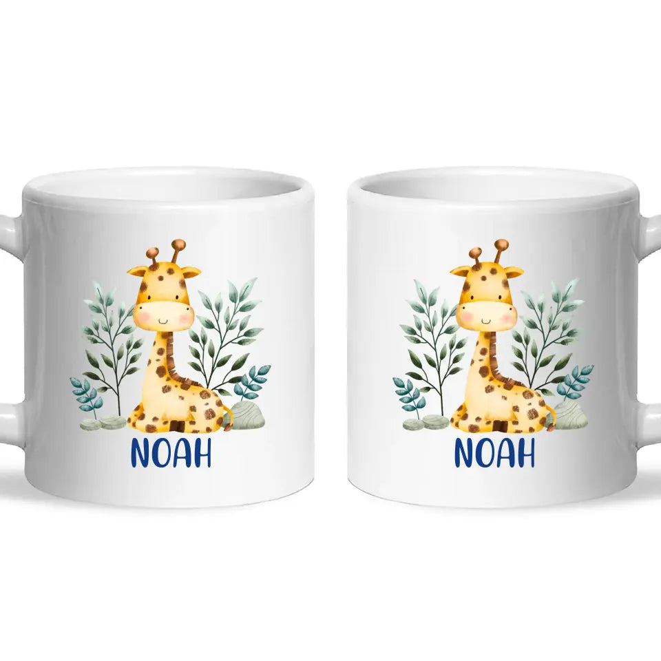 Personalised Giraffe Mug - Custom Name Kids Cup - Safari Animal Theme - Ceramic or Enamel - 11oz, 6oz, or Camping Mug - NZ Made