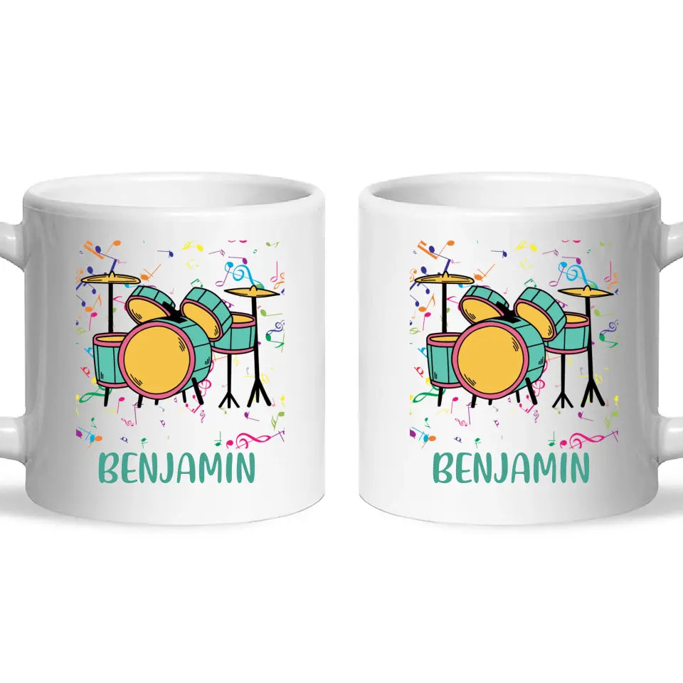 Personalised Drum Set Mug - Custom Name Kids Cup - Music Lover Gift - Ceramic or Enamel - 11oz, 6oz, or Camping Mug - NZ Made