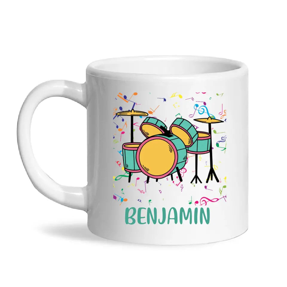 Personalised Drum Set Mug - Custom Name Kids Cup - Music Lover Gift - Ceramic or Enamel - 11oz, 6oz, or Camping Mug - NZ Made